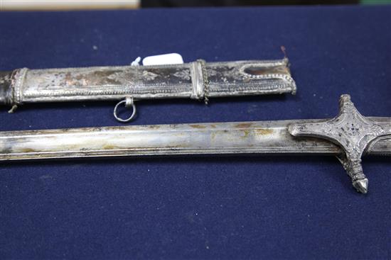A 19th century silver mounted shasqua, probably Caucasian, sword 35in.